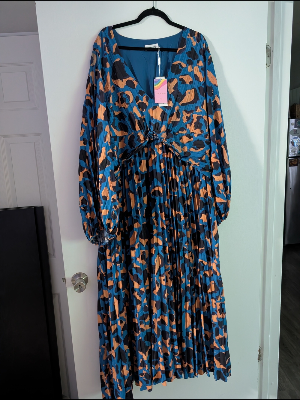 Blue and Tan V-Neck Pleated Long Sleeve Midi Dress with Knot Detail